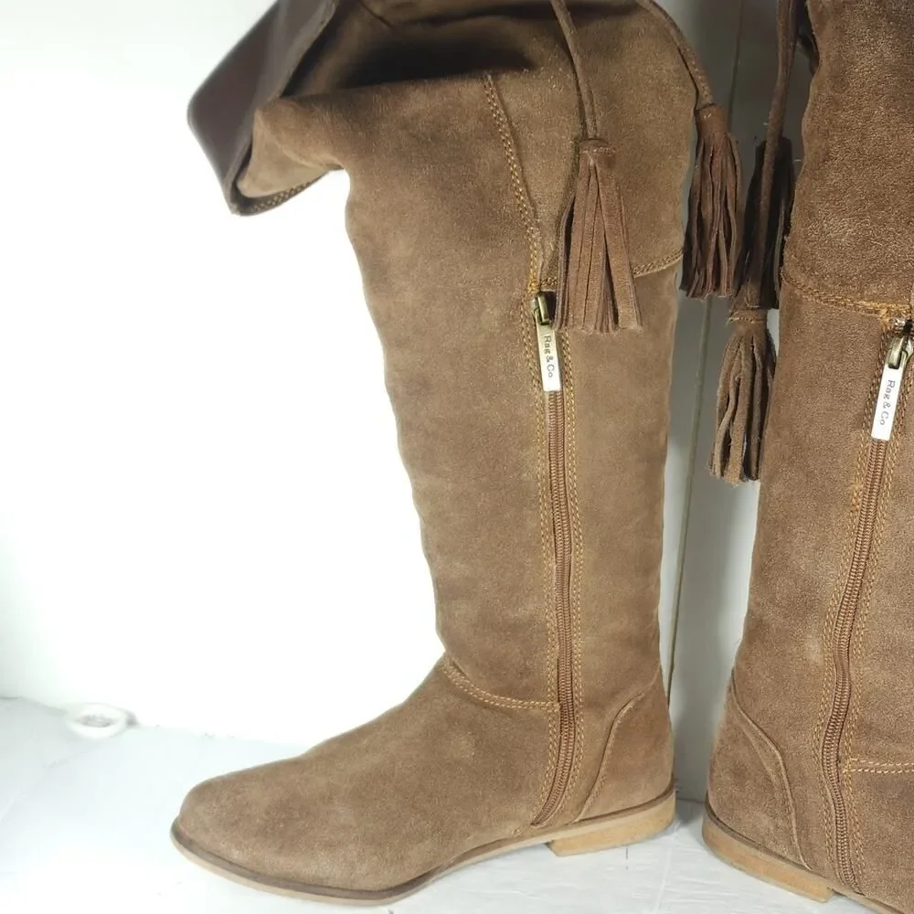 Rag & Co Women’s US 8,5? Brown Suede Side Zip Lace Over The Knee Riding Boots